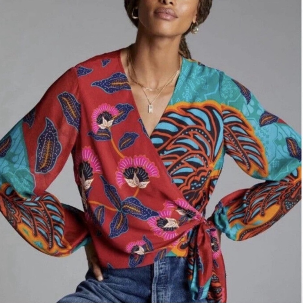 Anthropologie Conditions Apply Sleek Wrap Blouse Red Motif Large Petite LP $110